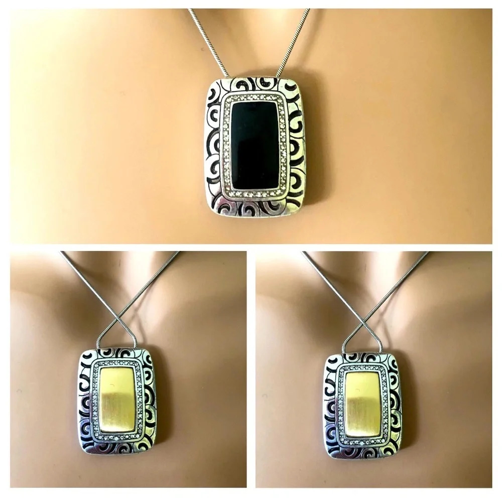 Brighton Rhythms Reversible Gold Black Pendant Necklace. Crystals Silver Plated